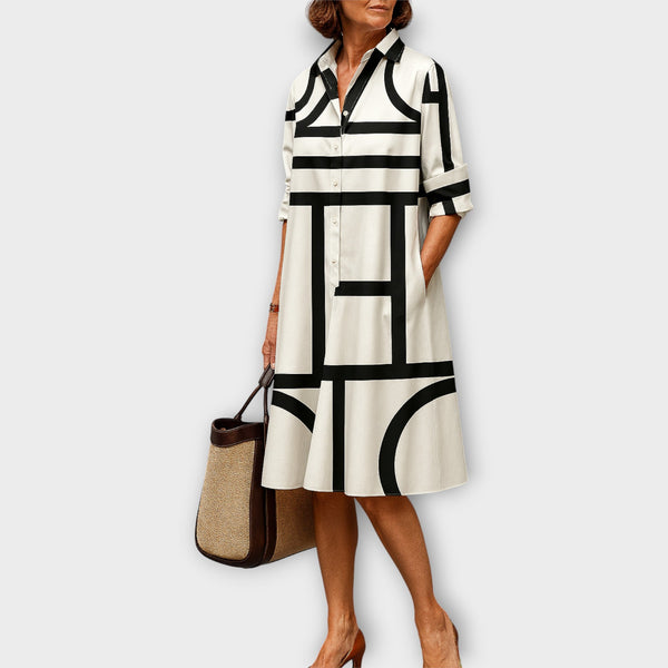 Elegantna Srajčna Obleka z Geometrijskim Vzorem